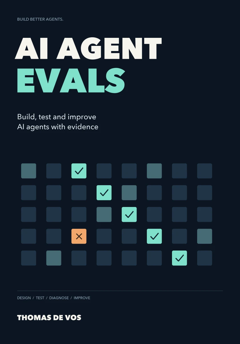 AI Agent Evals book cover by Thomas De Vos, with a navy, mint and amber evidence grid